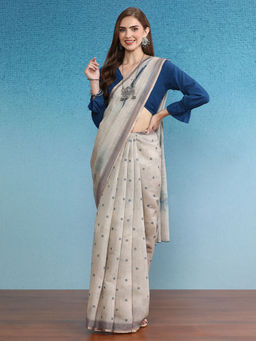 Silk Land - Grey Cotton Zari Tissue Printed Saree with Unstitched Blouse