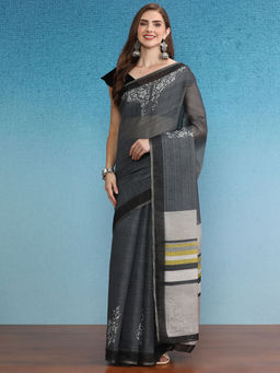 Silk Land - Grey Cotton Zari Tissue Printed Saree with Unstitched Blouse
