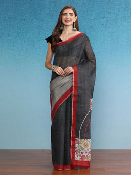 Silk Land - Grey Cotton Zari Tissue Printed Saree with Unstitched Blouse