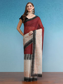 Silk Land - Maroon Cotton Zari Tissue Printed Saree with Unstitched Blouse