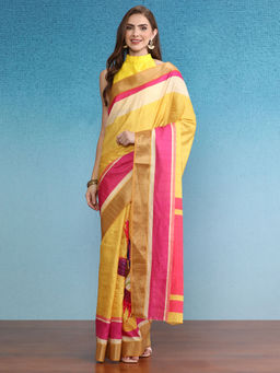 Silk Land - Mustard Color Blocked Zari Border Printed Silk Saree with Unstitched Blouse