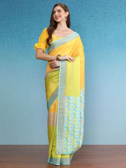 Silk Land - Multi-Color Color Blocked Zari Border Printed Silk Saree with Unstitched Blouse