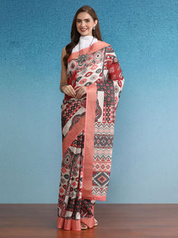 Silk Land - Multi-Color Soft Silk Zari Border Digital Printed Saree with Unstitched Blouse