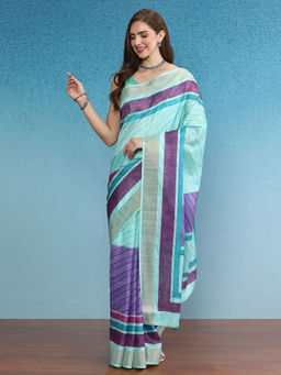 Silk Land - Turquoise Blocky Stripes Soft Silk Zari Border Printed Saree with Unstitched Blouse
