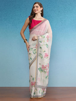 Silk Land - White Chanderi Cotton Digital Printed Saree with Unstitched Blouse