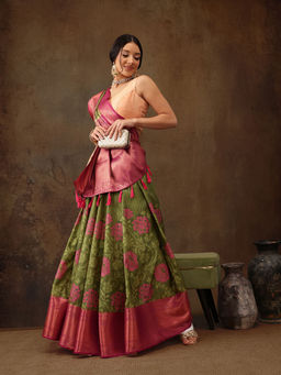 Silk Land - Olive Kanjeevaram Pattu Zari Woven Border Floral Printed Saree with Unstitched Blouse