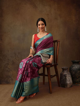 Silk Land - Wine Kanjeevaram Pattu Zari Woven Border Floral Printed Saree with Unstitched Blouse