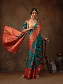 Silk Land - Teal Kanjeevaram Pattu Zari Woven Border Floral Printed Saree with Unstitched Blouse