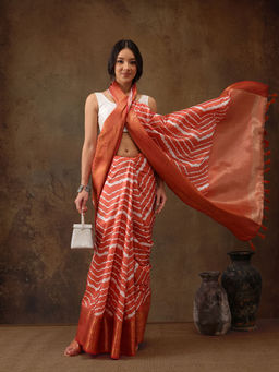 Silk Land - Rust Soft Silk Lahriya Printed Saree With Zari Woven Pallu with Unstitched Blouse