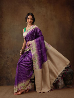 Silk Land - Purple Women'S Soft Silk Printed Saree With Tassels with Unstitched Blouse