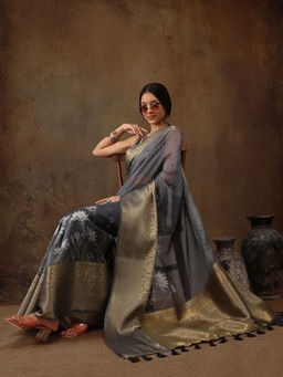 Silk Land - Grey Munga Silk Floral Printed Zari Woven Saree with Unstitched Blouse