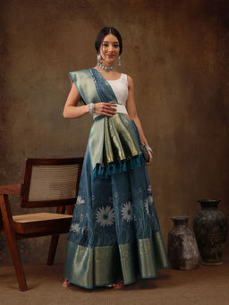 Silk Land - Teal Munga Silk Floral Printed Zari Woven Saree with Unstitched Blouse