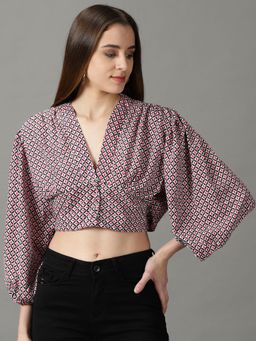 SHOWOFFFF - Womens Three-Fourth Sleeves V-Neck Black Printed Top