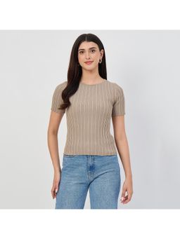 Madame - Ash Grey Self Stripes Viscose Knit T-Shirt