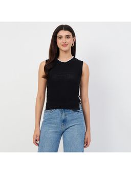 Madame - Black Contrast Trim Cotton Blend Knit Top