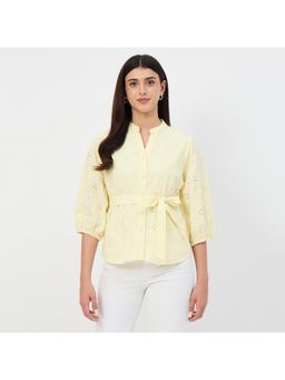 Madame - Butter Yellow Cotton Mandarin Collar Top with Belt