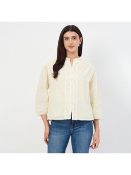 Madame - Off White Crochet Lace Work Cotton Mandarin Collar Top