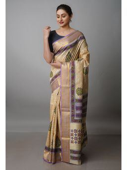 Unnati Silks - Beige Pure Handloom Bengal Tusshar Silk Saree with Unstitched Blouse