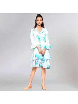 First Resort by Ramola Bachchan - Blue and Green Tie-Dye Frill A Line Knee Length Dress
