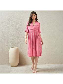 First Resort by Ramola Bachchan - Pink Hand-Embroidered Ruffle A Line Midi Dress
