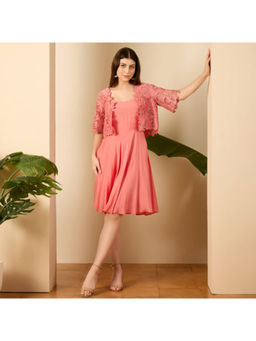 First Resort by Ramola Bachchan - Rose Pink Embroidered A Line Knee Length Dress With Jacket