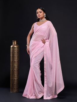 Odette - Pink Embellished Georgette Saree with Unstitched Blouse