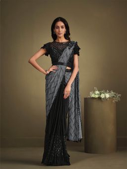 Odette - Grey Silk Blend Embroidered Saree with Unstitched Blouse