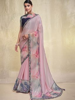 Odette - Pink Poly Georgette Embroidered Saree with Unstitched Blouse