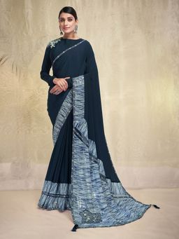 Odette - Teal Crepe Embroidered Saree with Unstitched Blouse