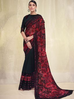 Odette - Red Poly Georgette Embroidered Saree with Unstitched Blouse
