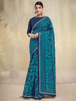Odette - Blue Poly Georgette Embroidered Saree with Unstitched Blouse