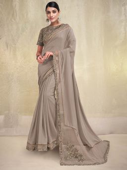 Odette - Beige Poly Georgette Embroidered Saree with Unstitched Blouse