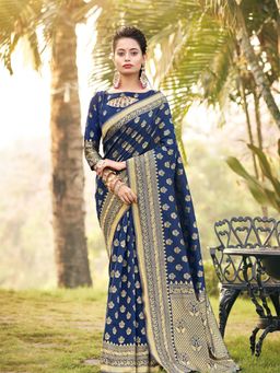 Odette - Navy Blue Silk Blend Woven Saree with Unstitched Blouse