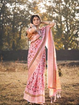 Odette - Pink Poly Cotton Printed Saree with Unstitched Blouse