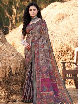 Odette - Brown Poly Cotton Printed Saree with Unstitched Blouse