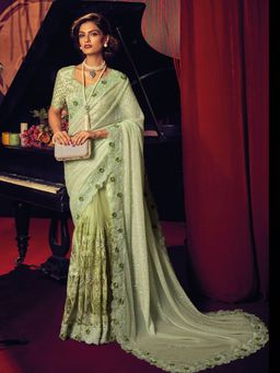 Odette - Green Net Embroidered Saree with Unstitched Blouse