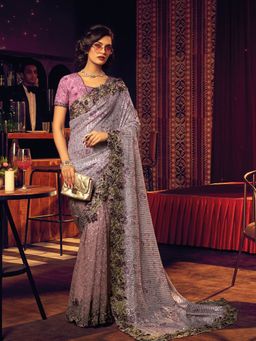 Odette - Purple Net Embroidered Saree with Unstitched Blouse