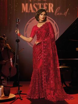 Odette - Red Net Embroidered Saree with Unstitched Blouse