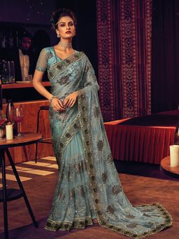Odette - Blue Net Embroidered Saree with Unstitched Blouse