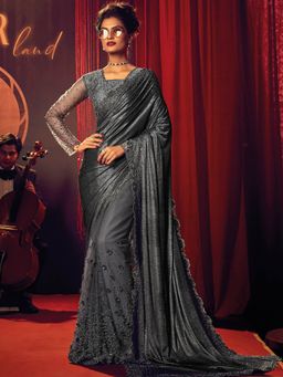 Odette - Grey Net Embroidered Saree with Unstitched Blouse