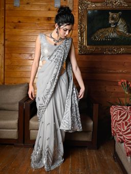 Odette - Grey Georgette Embellished Saree with Unstitched Blouse