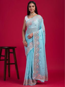 Odette - Blue Georgette Embroidered Saree with Unstitched Blouse