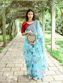 Odette - Blue Organza Floral Print Saree with Unstitched Blouse