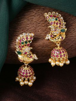 Estele - Gold Plated CZ Peacock Designer Jhumki Earrings with Pearls and Stones for Women
