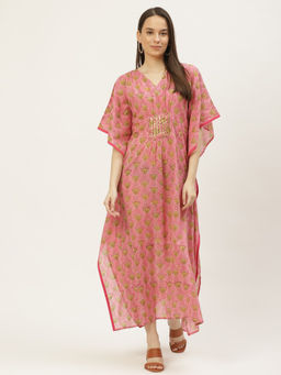 Maaesa - Women Printed Rayon Pink Kaftan Dress