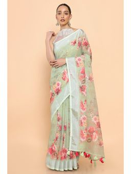 Soch - Women Green Linen Floral Saree with Unstitched Blouse