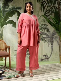 Bani Women - Pink Plus Size Embroidered Co-Ord (Set of 2)