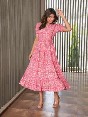 MULMUL ADELINE FLORAL JAAL BLOCK PRINTED DRESS