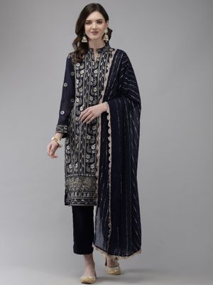 Navy Blue Georgette Embroidered and Sequence Work Naira Cut Kurta and Dupatta Set