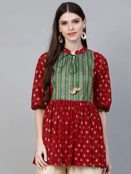 Ahalyaa - Maroon Printed A-Line Tunic